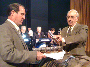 Parker Beam (R) and Craig Beam pour the first samples of the 2010 Evan Williams Single Barrel Bourbon on October 24, 2009 in Louisville, Kentucky. Photo © 2009 by Mark Gillespie. 