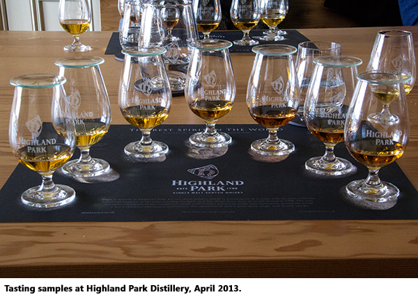 Highland Park tasting samples, April 2013.