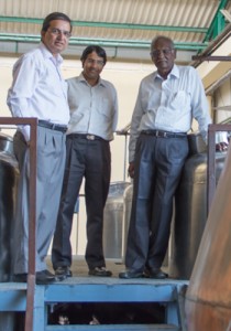 Amrut Vice President of Production Surrinder Kumar (L), Managing Director Rakshit (Rick) Jagdale (C), and Technical Director Muthuraman Meyyappan in the Amrut stillhouse, March 2013. 