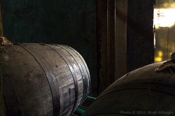 Whisky casks in one of Amrut's warehouses in Bangalore, India. Photo © 2013 by Mark Gillespie.