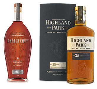 Angel's Envy Cask Strength Bourbon and Highland Park 25 Single Malt Scotch, named by The Spirit Journal as the Best Spirits in the World for 2013. Images courtesy Angel's Envy and Highland Park.