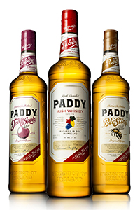 Paddy Irish Whiskey (C) and the two U.S. flavored versions, "Devil's Apple" and "Bee Sting". Image courtesy Irish Distillers. 