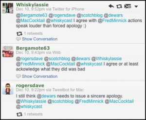 Tweets criticizing the Dewar's "Meet the Baron" online video September 10, 2013.