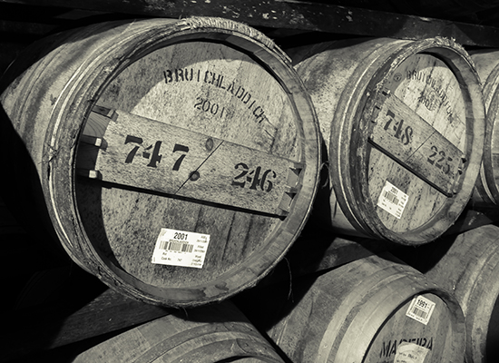 Casks in one of Bruichladdich's warehouses on Islay. Photo ©2011 by Mark Gillespie. 