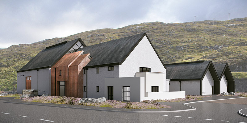 An architect's rendering of the Isle of Harris Distillery being built in Tarbert, Scotland. Image courtesy Isle of Harris Distillery.