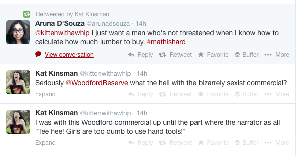 Twitter comments on Woodford Reserve's "Bookshelf" TV commercial. 