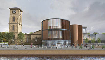 An architect's rendering of the Glasgow Distillery to be built along the River Clyde. Image courtesy Glasgow Distillery. 