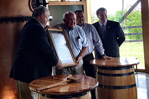 Jimmy Russell (C) accepts a lifetime honorary membership from Kentucky Distillers Association Chairman Joe Fraser (L), Wild Turkey's Rick Robinson (second from right) and KDA President Eric Gregory (far right). Photo courtesy KDA.