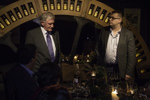 Irish Distillers Master Distiller Emeritus Barry Crockett (L) and Master Distiller Brian Nation discuss the Midleton Very Rare 30th Anniversary Pearl Edition during a dinner at Midleton Distillery October 23, 2014. Photo ©2014 by Mark Gillespie. 