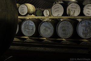 Casks in a Balblair Distillery warehouse, November 2014. Photo ©2014 by Mark Gillespie.
