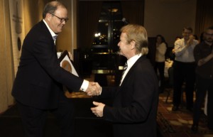 Forty Creek founder John Hall (R) accepts his Lifetime Achievement Award from Canadian Whisky Awards founder Davin de Kergommeaux during the annual Canadian Whisky Awards ceremony January 15, 2015. Photo ©2015 by Mark Gillespie.