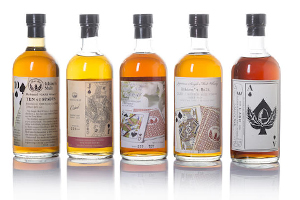 The 5-bottle royal flush set of Ichiro's Malts that sold for $44,250 USD at Bonhams in Hong Kong on May 23, 2015. Image courtesy Bonhams.