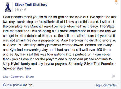Silver Trail Distillery owner Spencer Balentine's post on the distillery's Facebook page May 23, 2015. Image courtesy Facebook. 