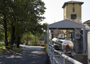 A Four Roses tanker truck prepares to haul new make spirit from the distillery to the Four Roses maturation and bottling facilities in Coxs Creek, Kentucky. Photo ©2012 by Mark Gillespie.