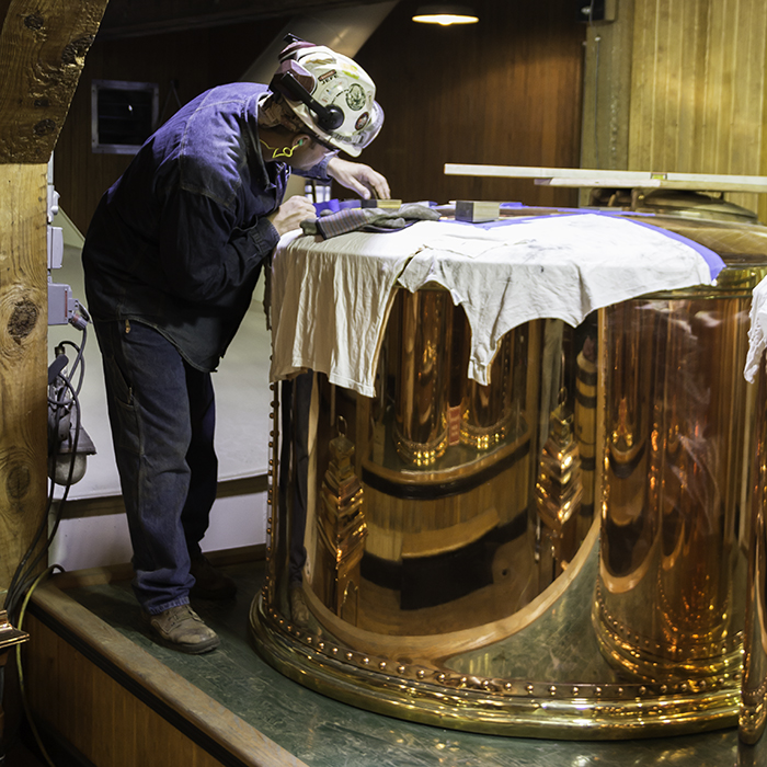 A Vendome Copper & Still Works technician prepares to install one of the two "try boxes" on the new set of stills at Maker's Mark Distillery in Loretto, Kentucky. Photo ©2015 by Mark Gillespie.