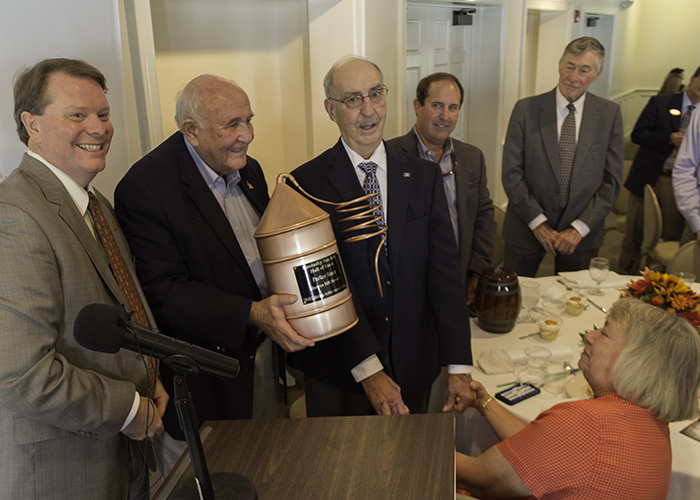 Kentucky Distillers Association President Eric Gregory (L) and Wild Turkey's Jimmy Russell present Parker Beam with the first Parker Beam Lifetime Achievement Award September 16, 2015 in Bardstown, KY. Photo ©2015 by Mark Gillespie. 