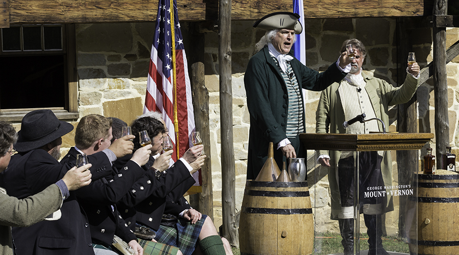 Distillers and "George Washington" raise a toast during a news conference at Mount Vernon October 13, 2015. Photo ©2015 by Mark Gillespie.