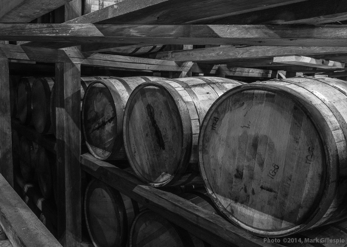 Bourbon barrels in a warehouse at Stitzel-Weller Distillery in Louisville. Photo ©2014 by Mark Gillespie.