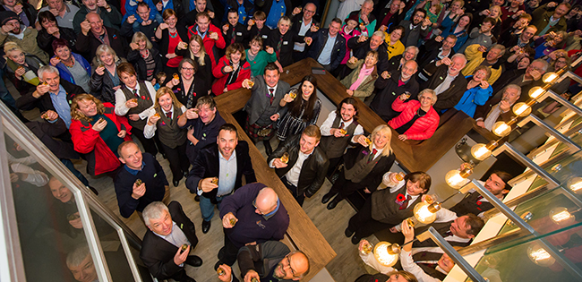 Some of the 240 people gathered to toast Glenturret Distillery's 240th anniversary on November 5, 2015. Photo by Fraser Band courtesy Edrington Group.