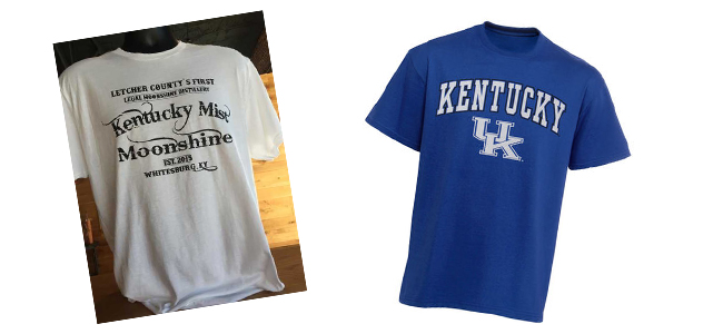 T-shirts for Kentucky Mist Moonshine and the University of Kentucky. Photos courtesy Kentucky Mist Distillery (via Kentucky.com) and UK Athletics Shop. 