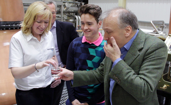 Waterford Distillery founder Mark Reynier (R) tastes the distillery's first spirit with head brewer Lisa Ryan (L) and his son Ruari (C) December 9, 2015. Photo ©2015 by Mark Gillespie.