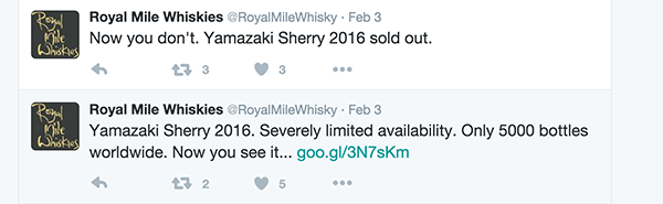 Royal Mile Whiskies Twitter posts on the Suntory Yamazaki Sherry Cask 2016 Edition. Image courtesy Twitter.