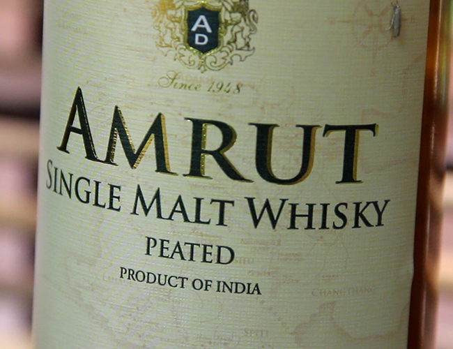 The label for Amrut's peated Indian single malt whisky. Photo ©2013 by Mark Gillespie.