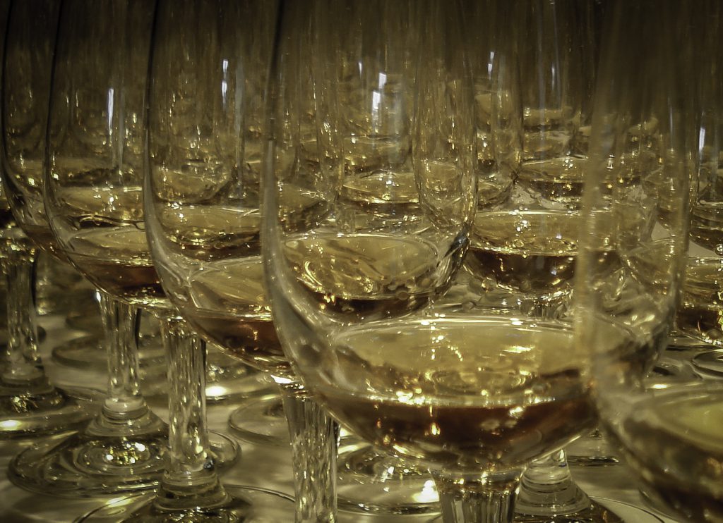 Whisky glasses lined up for a tasting. Photo ©2016, Mark Gillespie/CaskStrength Media.