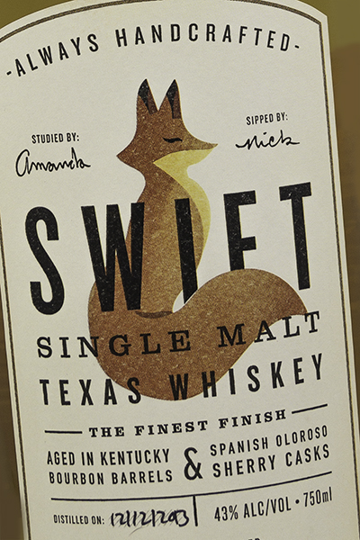 The label for Swift Single Malt Texas Whiskey. Photo ©2016, Mark Gillespie/CaskStrength Media.
