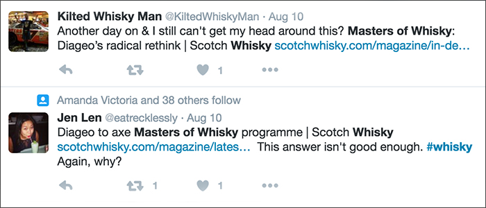 Twitter reaction to the end of the Masters of Whisky program. Image courtesy Twitter.