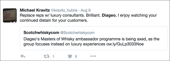 Twitter reaction to the end of the Masters of Whisky program. Image courtesy Twitter.