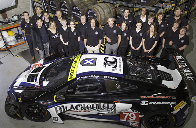 The Duncan Taylor staff and drivers of the Black Bull Ecurie Ecosse McLaren 650S GT3 sports car. Photo ©2016, Mark Gillespie.