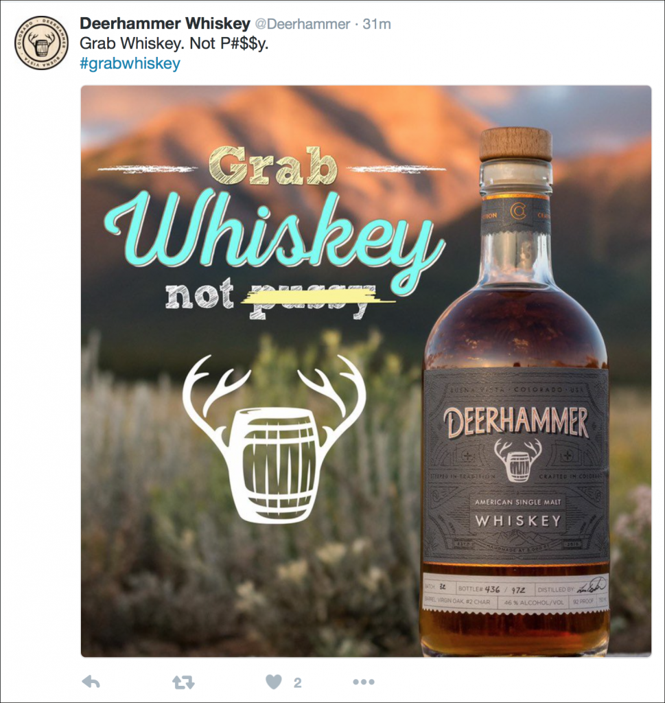 Deerhammer Distilling Company's tweet on the Trump Tapes controversy. Image courtesy Twitter. 