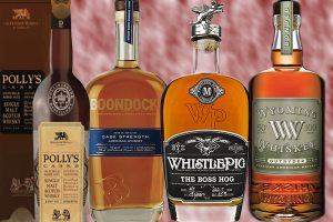 Bottles of Polly's Casks, Boondocks Cask Strength, Whistlepig Rye's Boss Hogg, and Wyoming Whiskey's Outryder whiskies. 