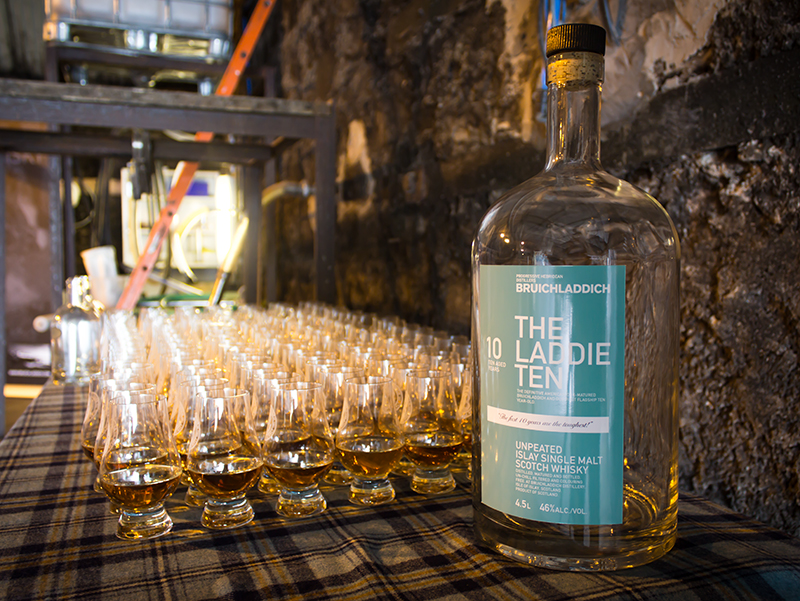 Glasses of the Bruichladdich Laddie 10 lined up for tasting at the distillery's 10th anniversary celebration on September 10, 2011.