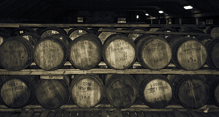 Casks of whisky maturing in a warehouse at Scotland's Speyburn Distillery. Photo ©2016, Mark Gillespie/CaskStrength Media.