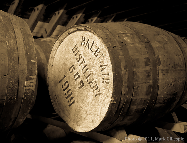 A cask of whisky at the Balblair Distillery in Edderton, Scotland.