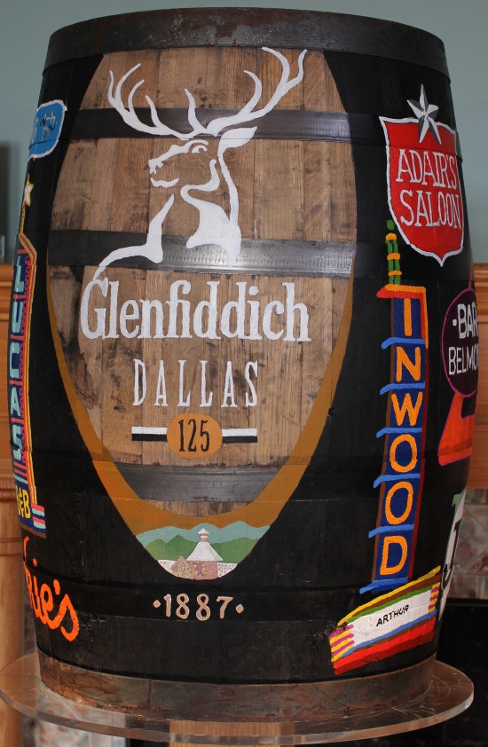 A Glenfiddich cask specially painted for the 125th Anniversary celebration in Dallas.