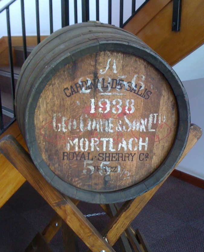 The 1938 Mortlach cask on display at Gordon & MacPhail's headquarters in Elgin, Scotland.