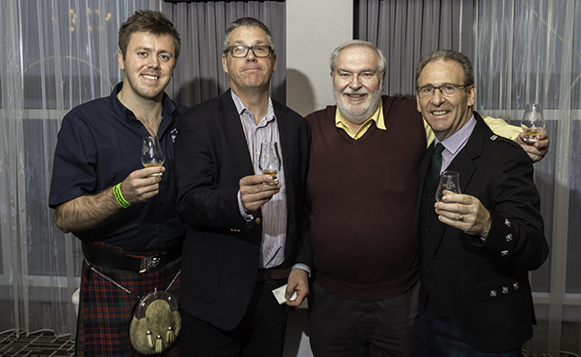 New Brunswick Spirits Festival chairman Frank Scott with The Glenlivet's Alan Winchester and Glenfiddich's Ian Millar on November 20, 2015. Photo ©2015 by Mark Gillespie.