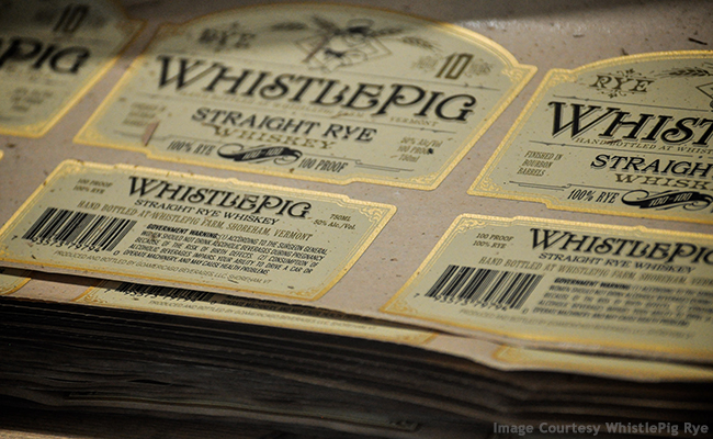 WhistlePig Rye labels on the company's bottling line. Image courtesy WhistlePig Rye.