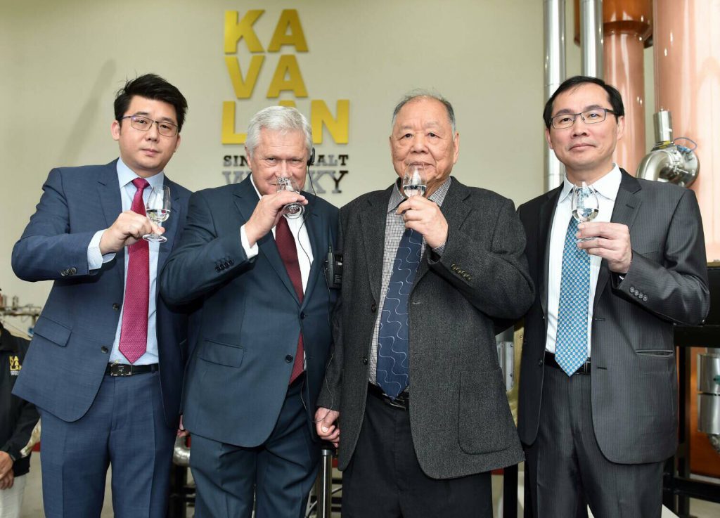 Kavalan master blender Ian Chang, consultant Dr. Jim Swan, King Car Group Chairman Y.T. Lee, and King Car Group CEO T.T. Lee toast with the first new make spirit from Kavalan's second distillery on December 8, 2016. Image courtesy King Car Group.