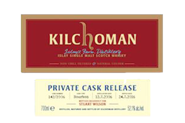 The labels for the Kilchoman single cask bottled for Stuart Wilson. All 257 bottles were stolen after a truck driver delivered them to the wrong address. Image courtesy Kilchoman Distillery.