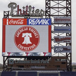 The American Whiskey Convention's logo displayed on the giant screen at Philadelphia's Citizens Bank Park March 24, 2017. Photo ©2017, Mark Gillespie/CaskStrength Media.