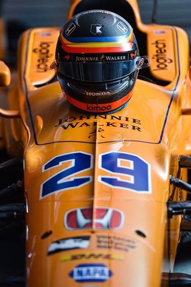 Johnnie Walker sponsorship on Fernando Alonso's 2017 Indianapolis 500 car for McLaren Honda Andretti Autosport. Indianapolis Motor Speedway photo by Chris Owens.