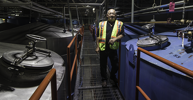 Retired whisky maker Jim Boyko in the tank room at Diageo's Crown Royal distillery in Gimli, Manitoba. Photo ©2017, Mark Gillespie/CaskStrength Media.