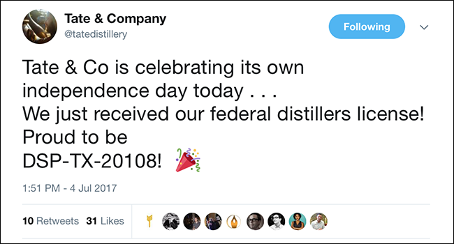 Tate & Company's announcement on Twitter that it received its federal distillers permit (DSP). Image courtesy Twitter.