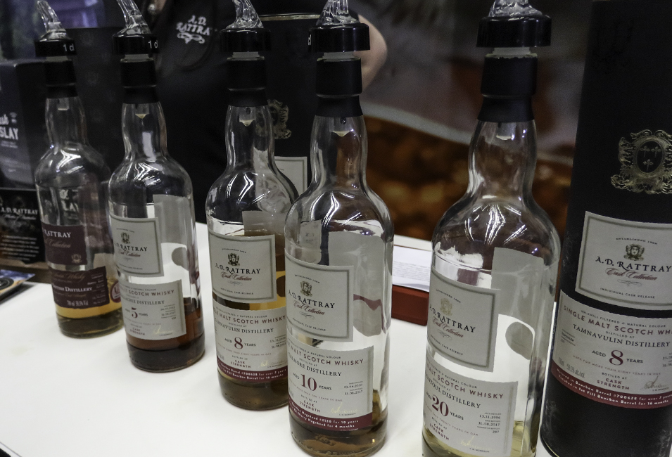 A.D. Rattray whisky bottles ready for pouring at The Whisky Show in London. Photo ©2017, Mark Gillespie/CaskStrength Media.