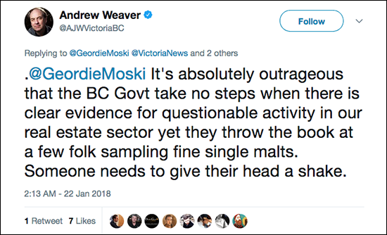 A tweet from BC Green Party leader Andrew Weaver reacting to the province's crackdown on four Scotch Malt Whisky Society partner bars. Image courtesy Twitter.