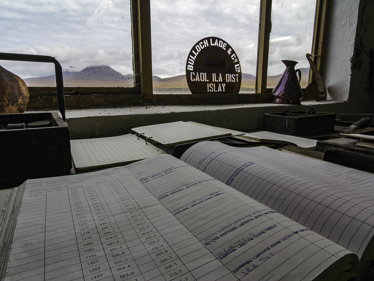 A warehouse book exhibit at Caol Ila Distillery on Islay. Photo ©2018, Mark Gillespie/CaskStrength Media.